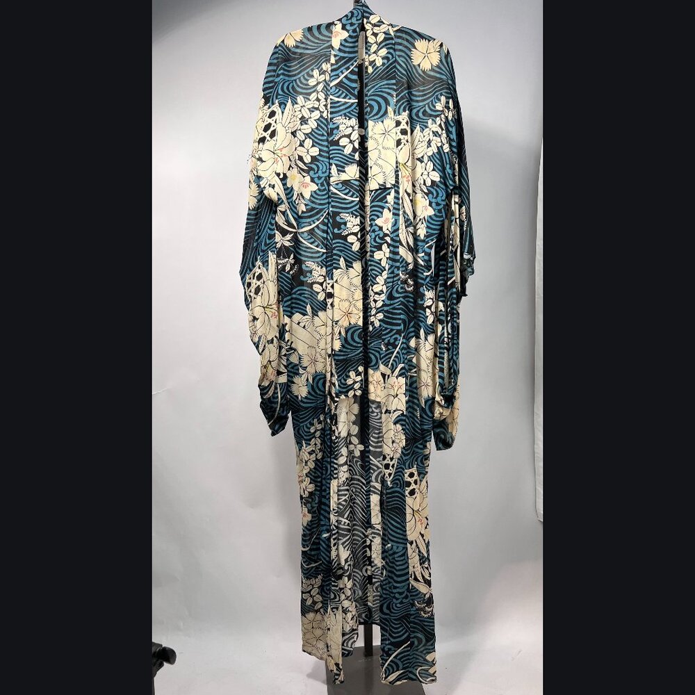 Japanese Vintage‎ Hand Stitched Yukata Long Robe Floral/Blue/Cream/Black Print